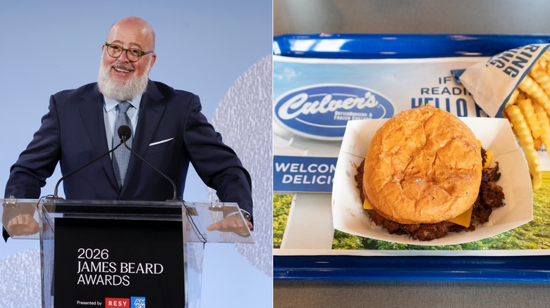 Andrew Zimmern speaking at a ceremony, side-by-side with a ButterBurger meal from Culver's