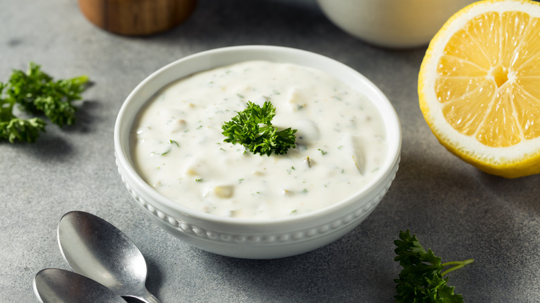 Tartar sauce in small white dish