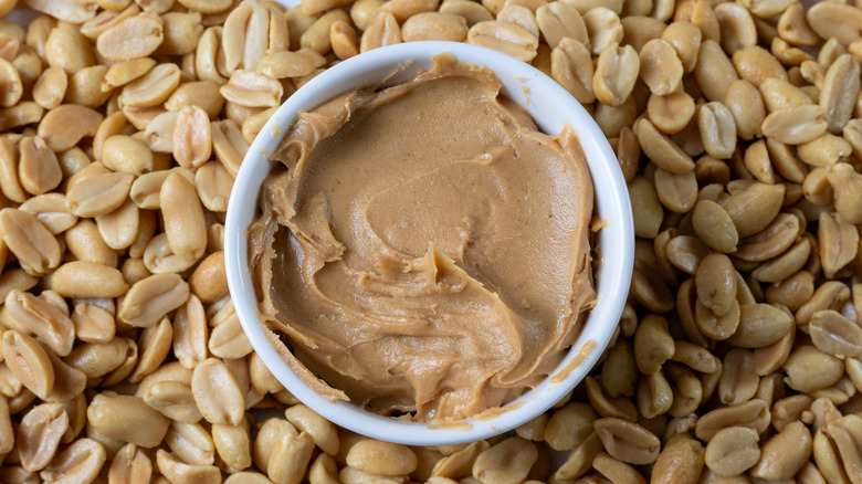 A bowl of peanut butter resting on a bed of peanuts