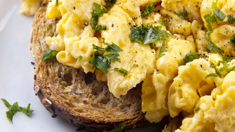 A close up of scrambled eggs on brown toast.