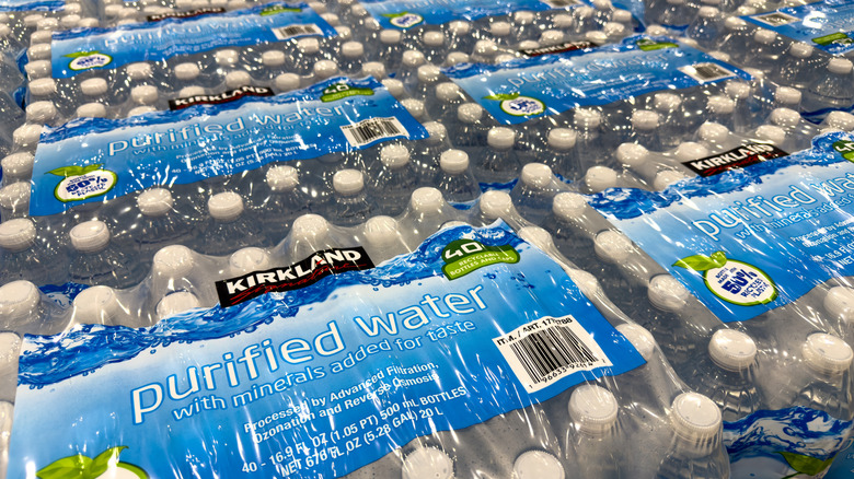 Large stacks of Kirkland Signature purified water