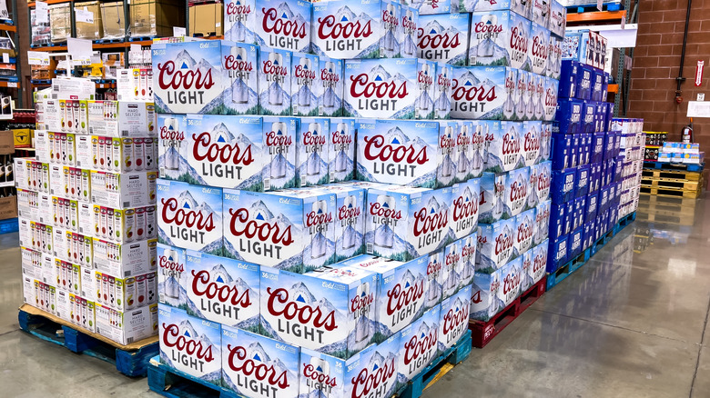 A blue pallet full of cases of beer stocked at Costco