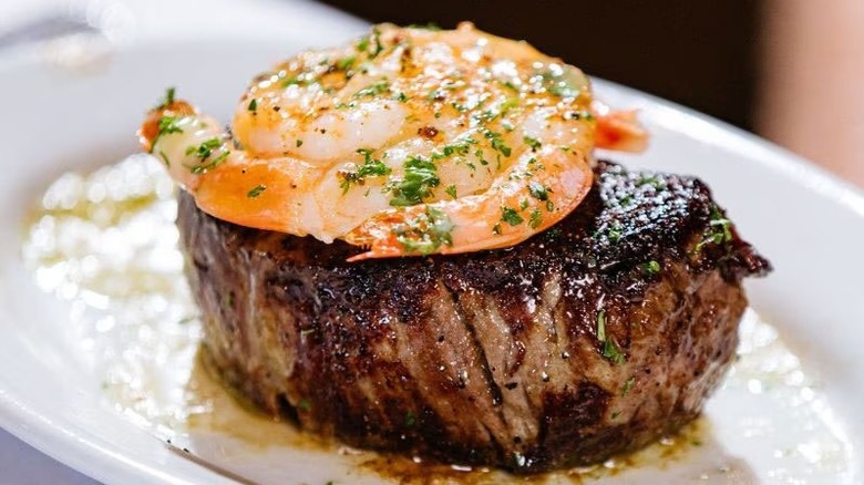 steak topped with shrimp at Ruth's Chris Steak House