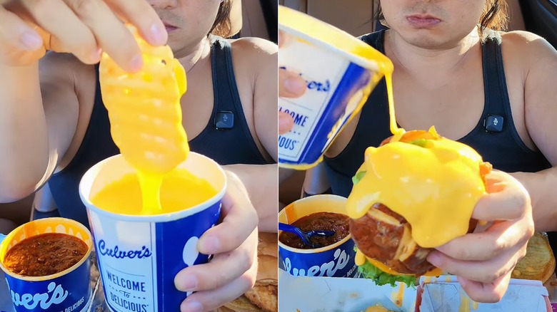 A person dunks a waffle fry in a large Culver's cheese sauce and pours cheese sauce over a burger.