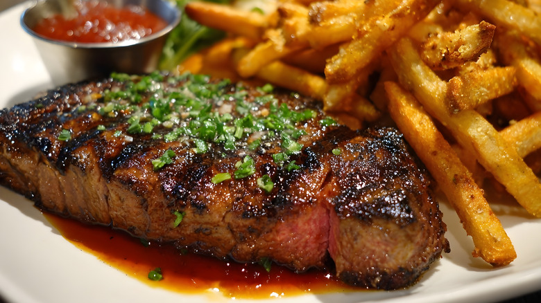 Grilled steak sliced and glazed with sauce served with fries and sauce in the background