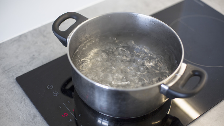 A saucepan on boiling water on an induction stove