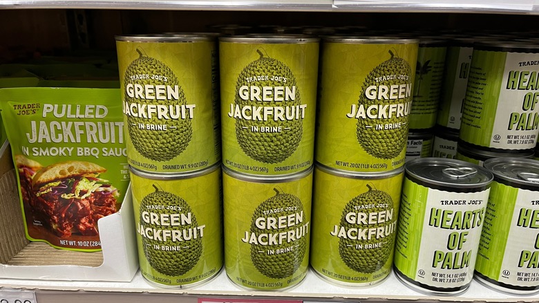 Six cans of green Jackfruit and brine at a Trader Joe's
