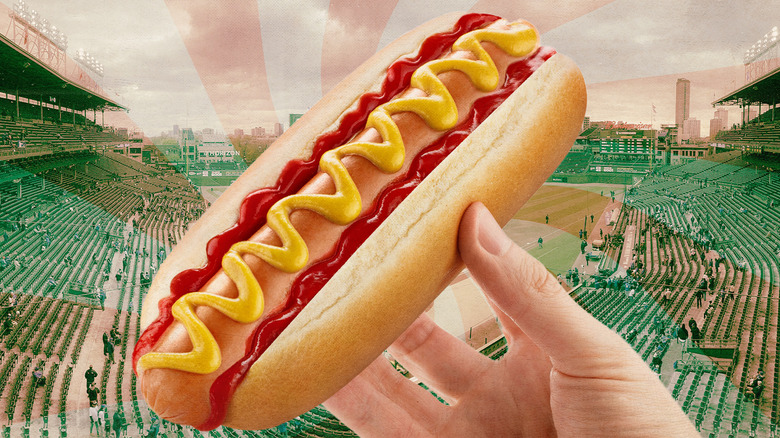 composite of hot dog and sports stadium