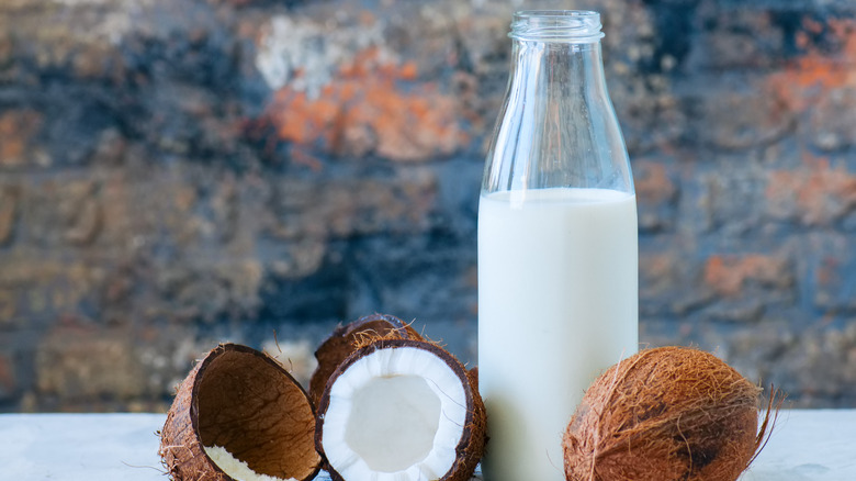 coconuts around bottle of coconut milk