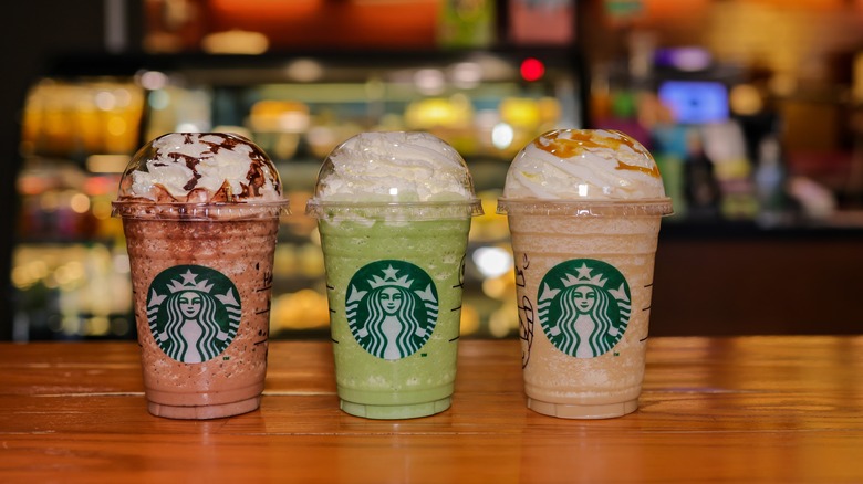 Starbucks Frappuccinos on counter 