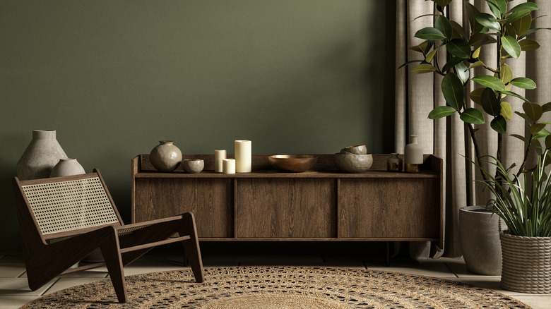 Room with green walls and earth tones.