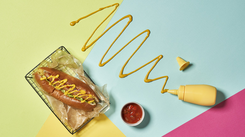 hot dog with mustard and ketchup