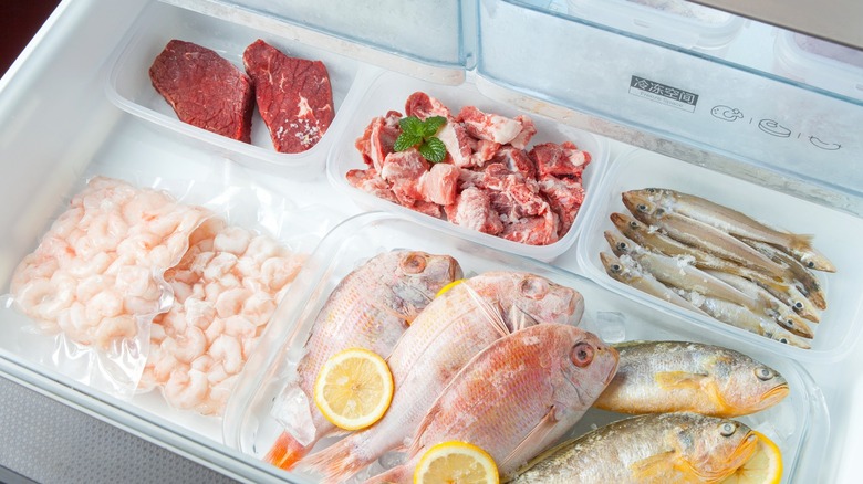 Frozen fish and meat in freezer drawer