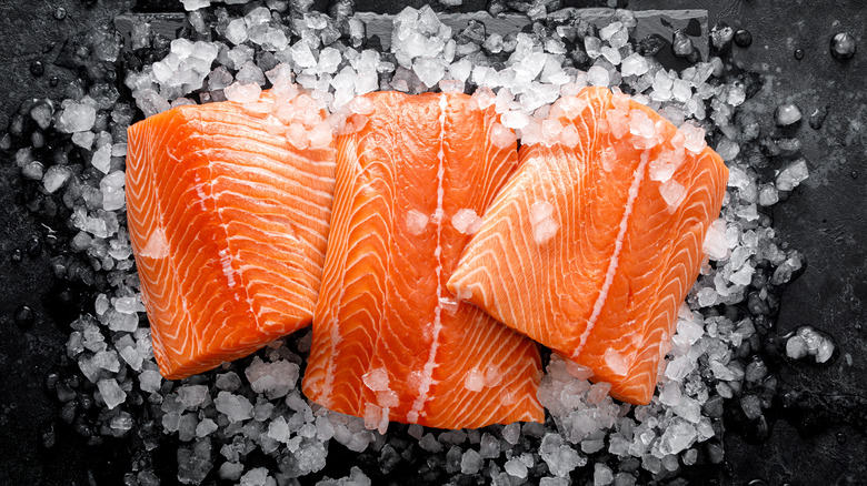 Fillets of salmon on ice