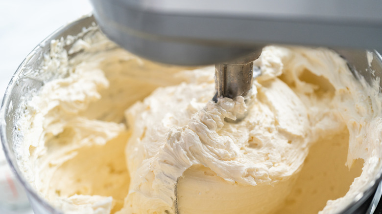 Buttercream frosting in a mixer