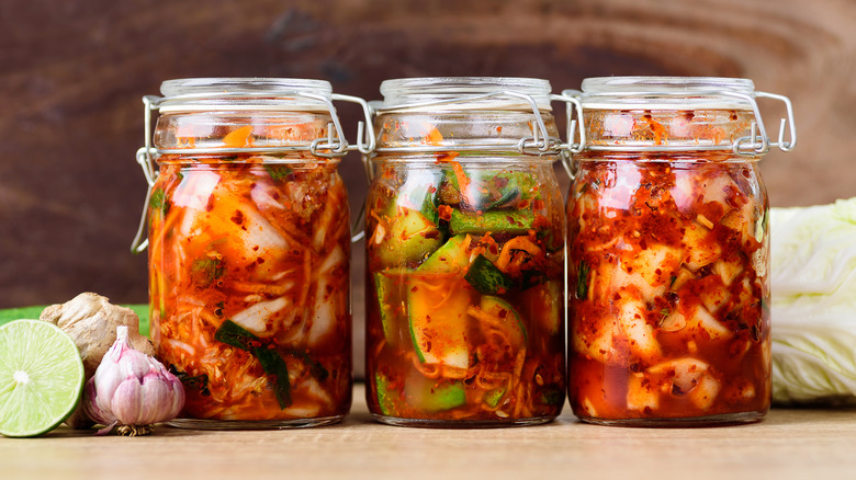 Jars of different kinds of kimchi