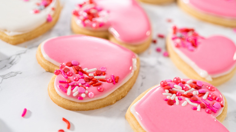 Heart-shaped cookies with pink royal icing