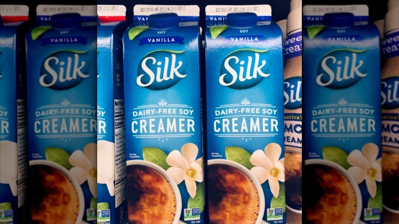 Grocery store display of Silk brand soy coffee creamer