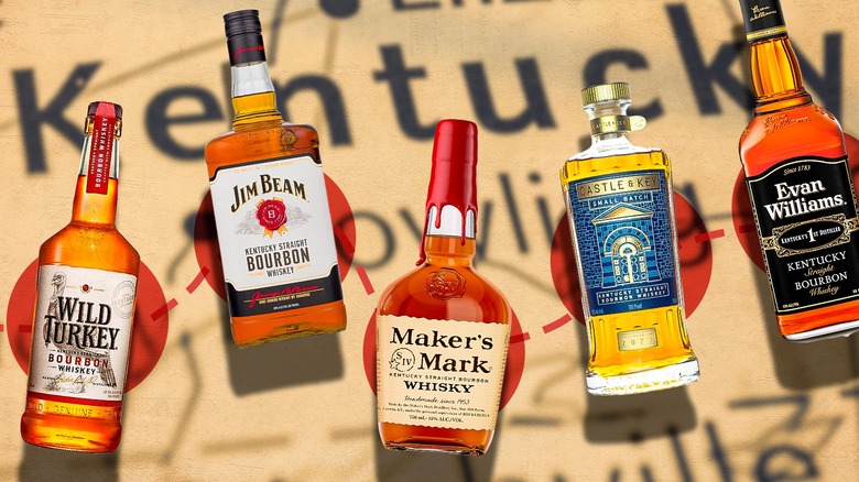 bourbon bottles over kentucky map
