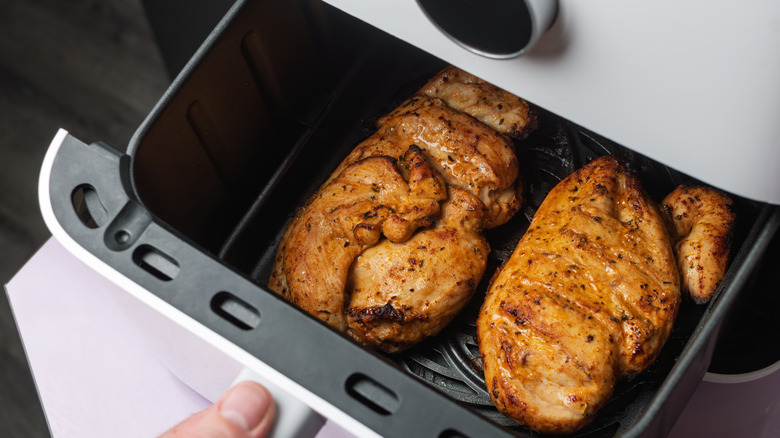 A person opening the basket of a white countertop air fryer to check on the chicken breasts cooking inside