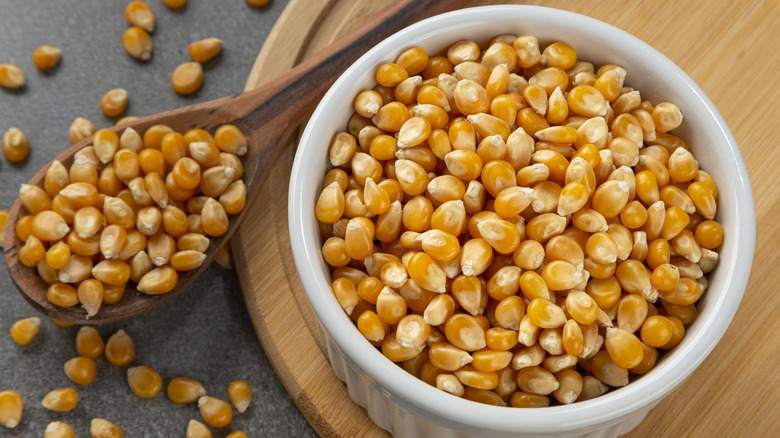 bowl and spoonful of dried corn kernels