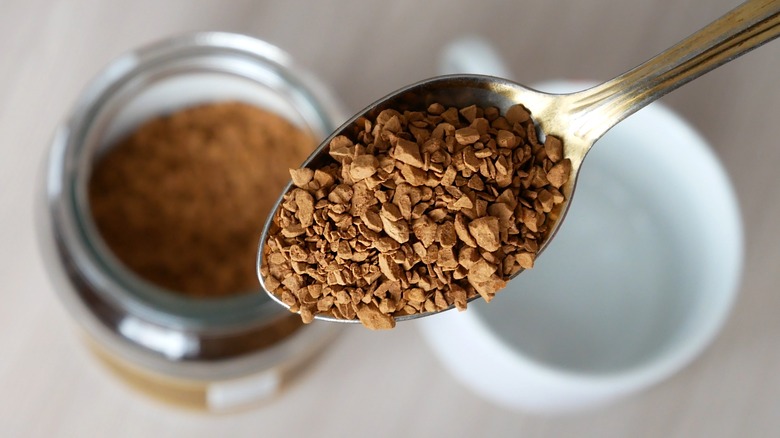 close up of spoonful of instant coffee