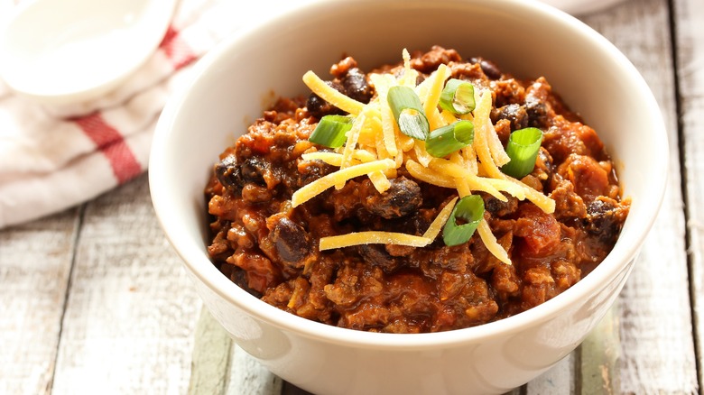 bowl of chili with cheese