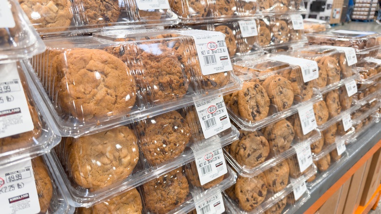 A huge display of Costco cookies in variety packs and stacked together on a shelf