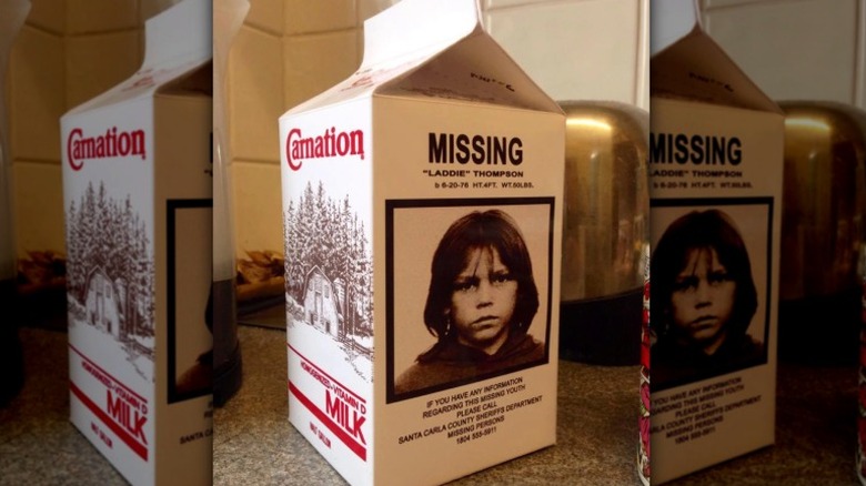 Replica prop of a missing child on a milk carton from the movie "Lost Boys."