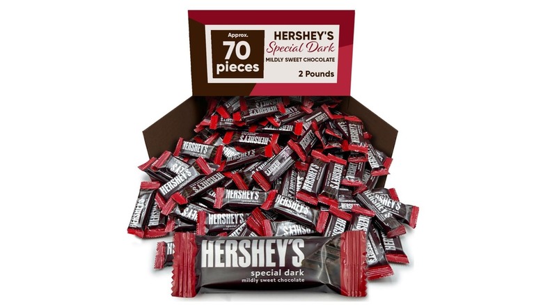 A full container of Hershey's Special Dark Chocolate bars