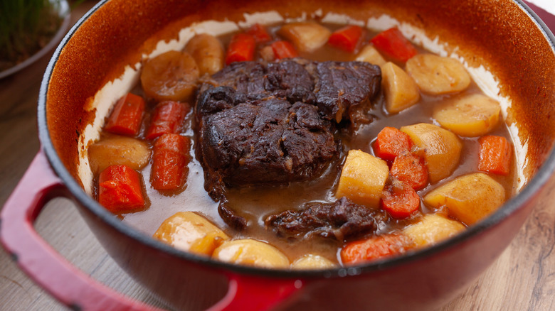 Close-up of homemade pot roast in a Dutch oven