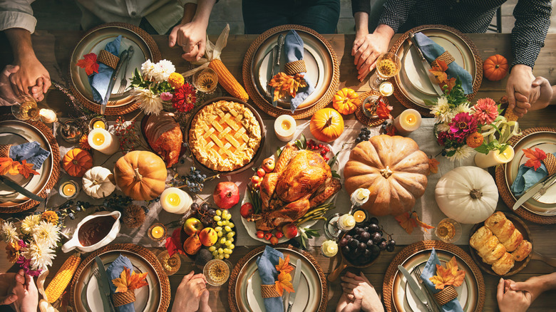 Thanksgiving dinner spread on table