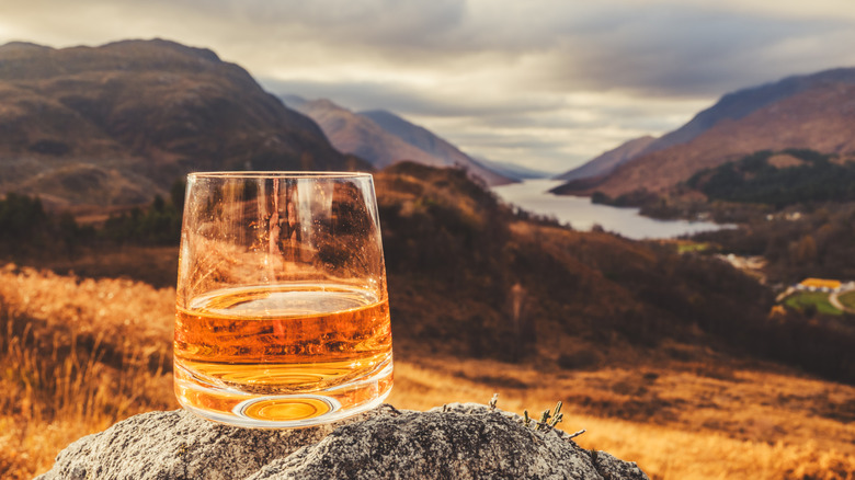 glass of whisky with Scotish countryside backdrop