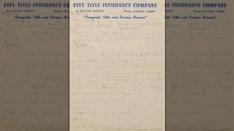 Marilyn Monroe handwritten stuffing recipe