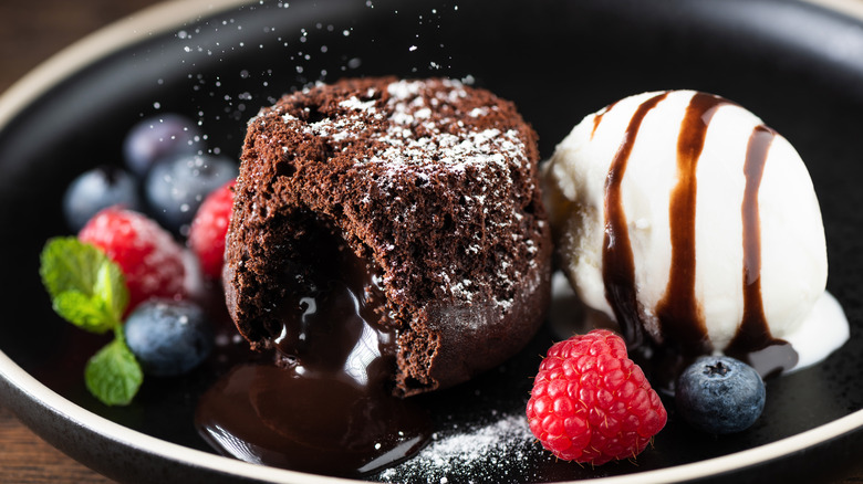 lava cake with ice cream and berries