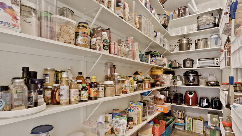 A large walk-in pantry with staple foods on the side shelves and small appliances at the end