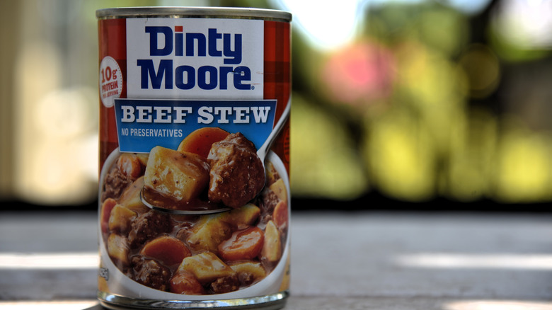 A can of Dinty Moore Beef Stew standing against a blurred background