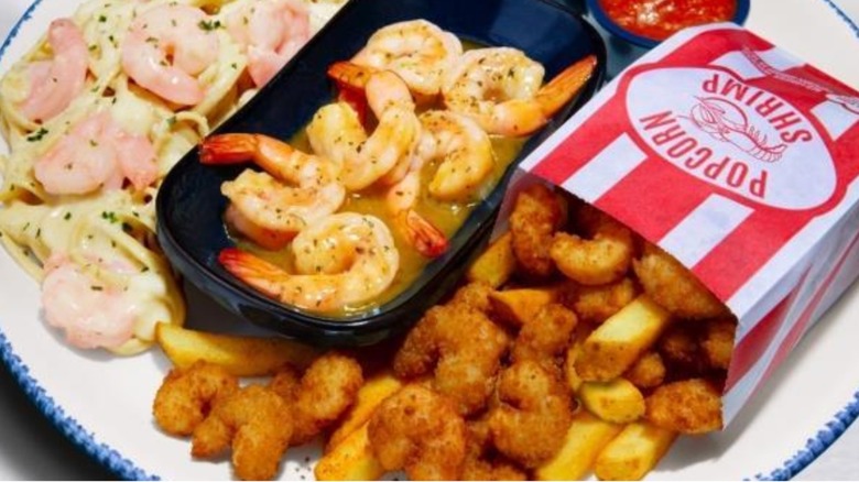 a plate of shrimp alfredo, shrimp scampi and popcorn shrimp from Red Lobster