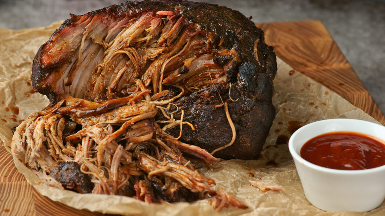 Pulled pork on a wood tray