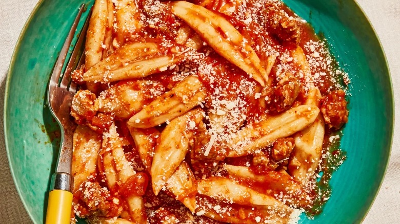 pasta with scissor cut noodles and red sauce