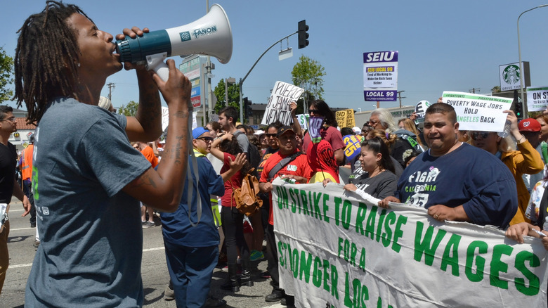 a protest by fast-food workers for higher wages