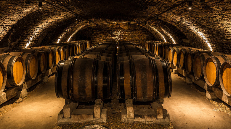 Wine barrels stored in a cellar