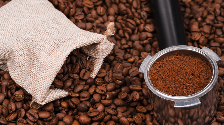coffee beans with small bag and coffee holder for espresso machine