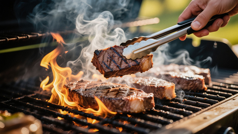 Flaming juicy steaks grill tongs