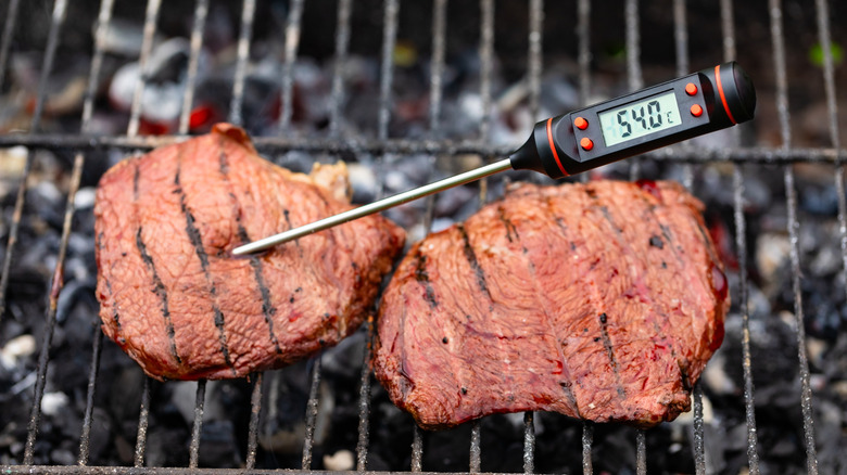 Meat thermometer stuck in a cut of meat