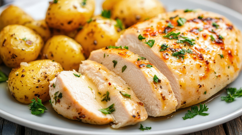 Juicy thick chicken breast on a plate served with roast potatoes