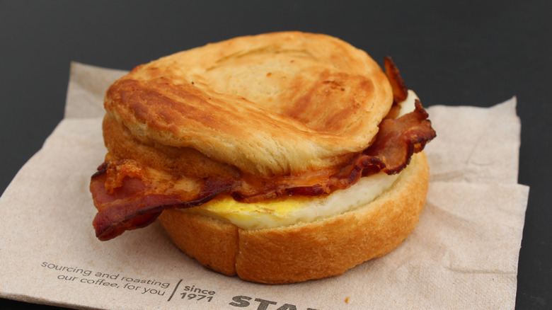 Breakfast egg and bacon roll at a Starbucks in Europe