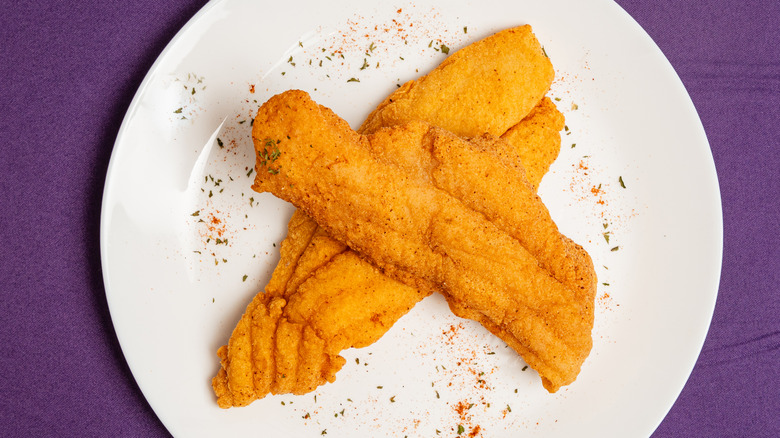 Two pieces of fried catfish dusted with seasoning on a white plate