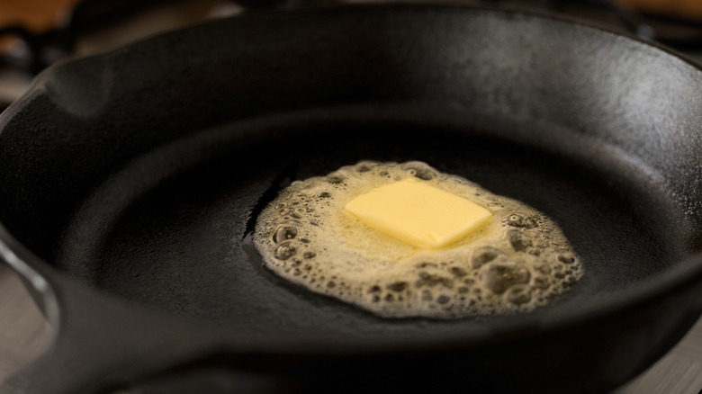 Butter foaming in a cast iron pan