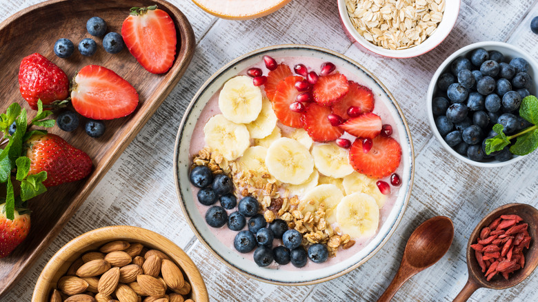 Overhead view of berry bowl on a table
